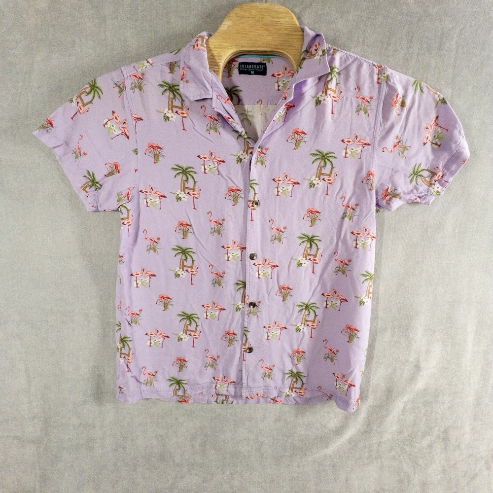 Island Haze Womens Medium Hawaiian Shirt Pink Flamingo Beach Tropical Resortwear